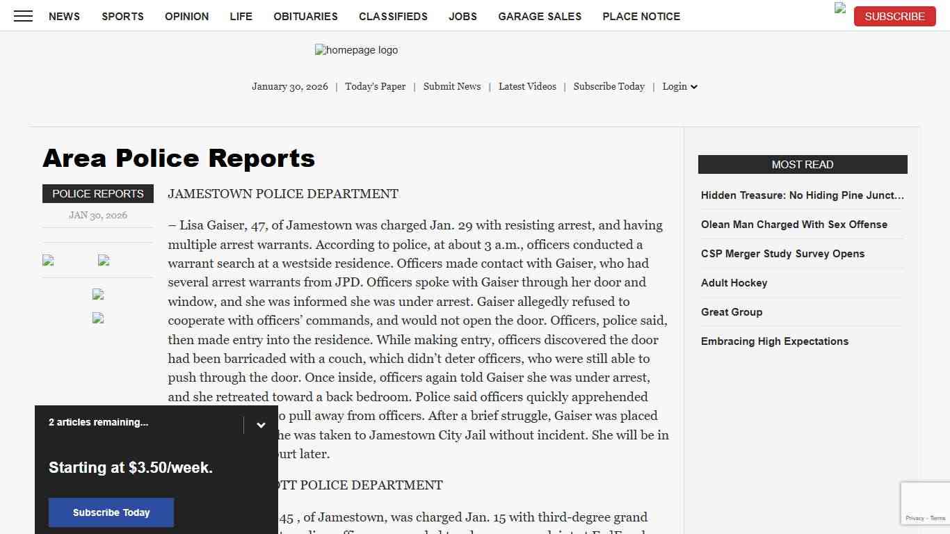 Area Police Reports News, Sports, Jobs - Post Journal